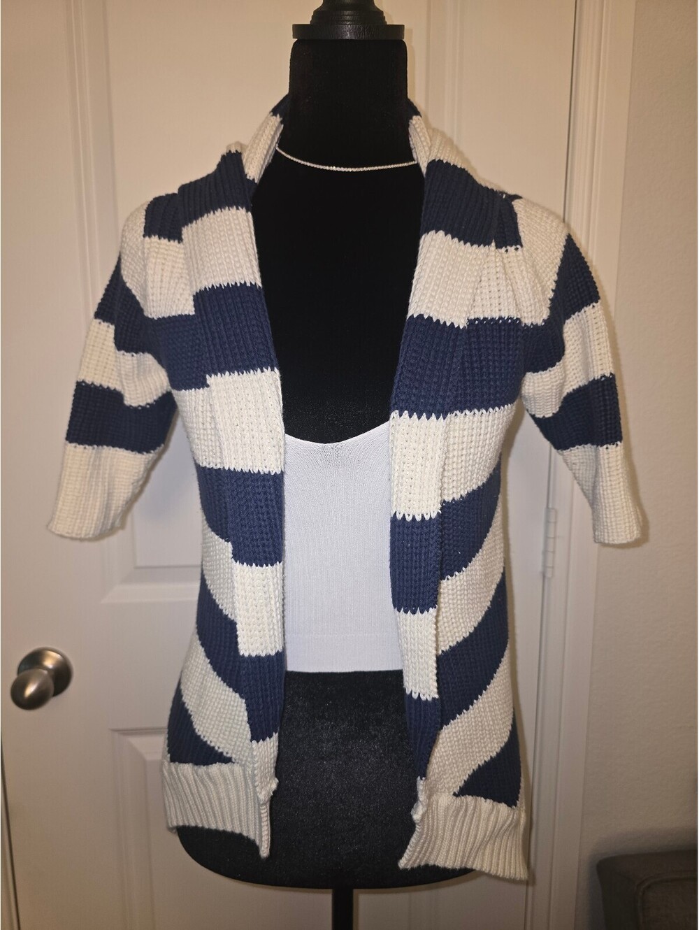 Sweater Project Large Navy and White Striped Cotton Cardigan Sweater